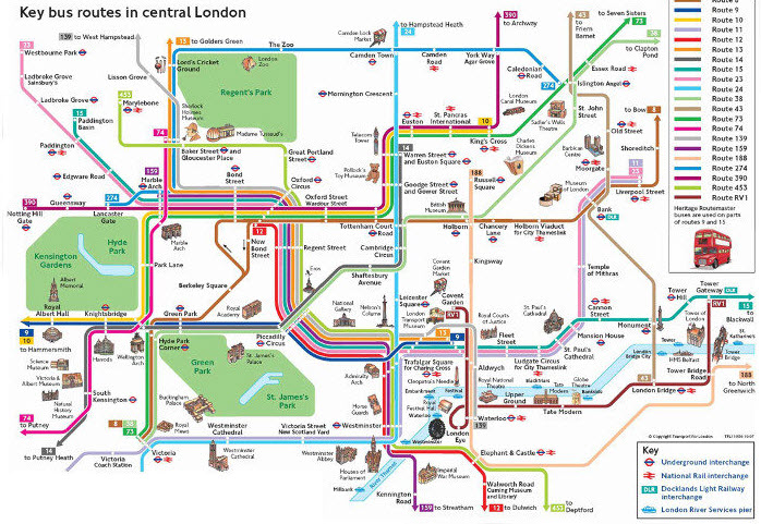 Key London bus routes map 